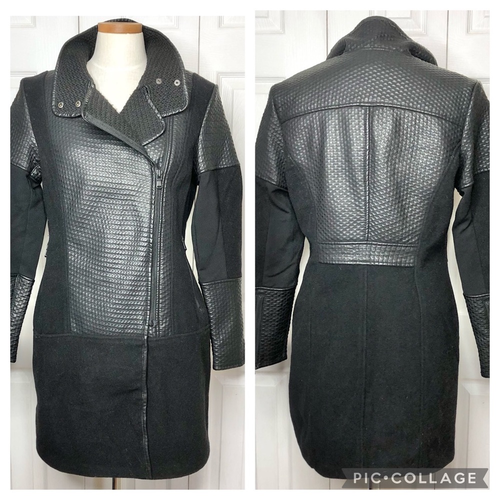 Caché wool blend & faux leather moto coat, thigh length with offset zipper